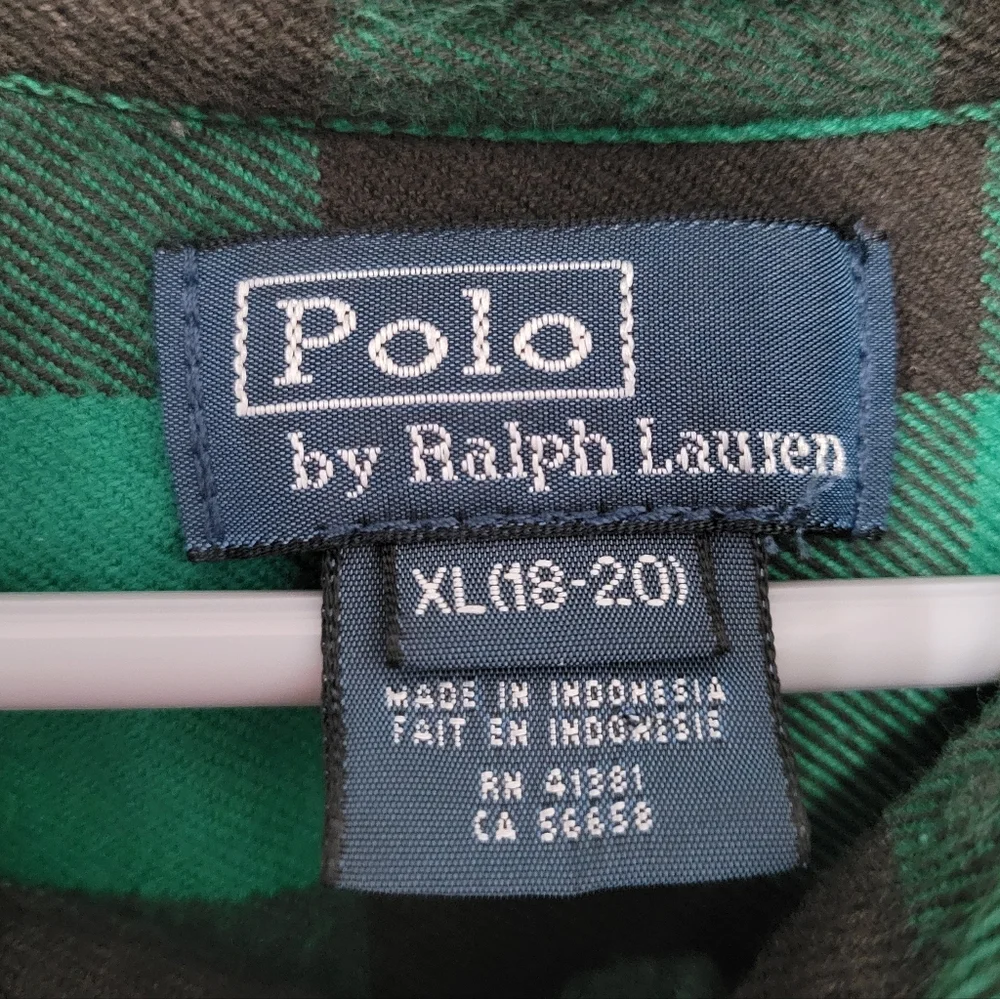 Ralph Lauren Green Buffalo Plaid Button Down Shirt Size Boys XL (18-20) Flannel